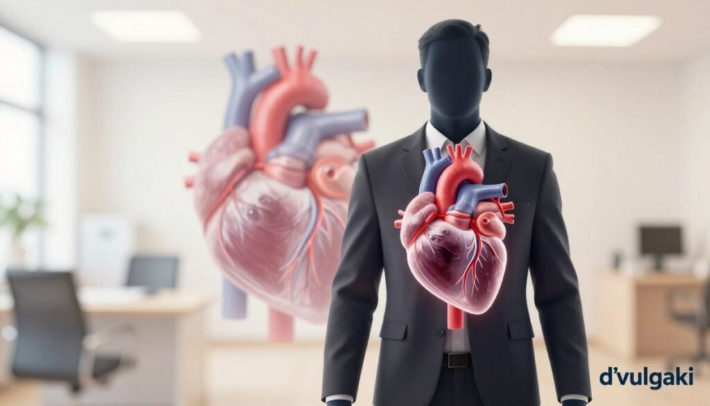 A striking illustration depicting the symptoms of clogged arteries, featuring a human silhouette in professional business attire, positioned in the foreground. The silhouette shows a transparent view of the heart and arterial system, highlighting affected areas with visual indicators like darkening or narrowing of the arteries. In the middle ground, a subtle representation of healthy arteries contrasts the unhealthy ones, graphically suggesting a blockage. The background should be a soft-focus medical office setting, with warm, inviting lighting to create a calm yet informative mood. Use a medium depth of field with a slight vignette effect to draw attention to the central figure. Include the brand name "d'vulgaki" in the lower right corner of the image.