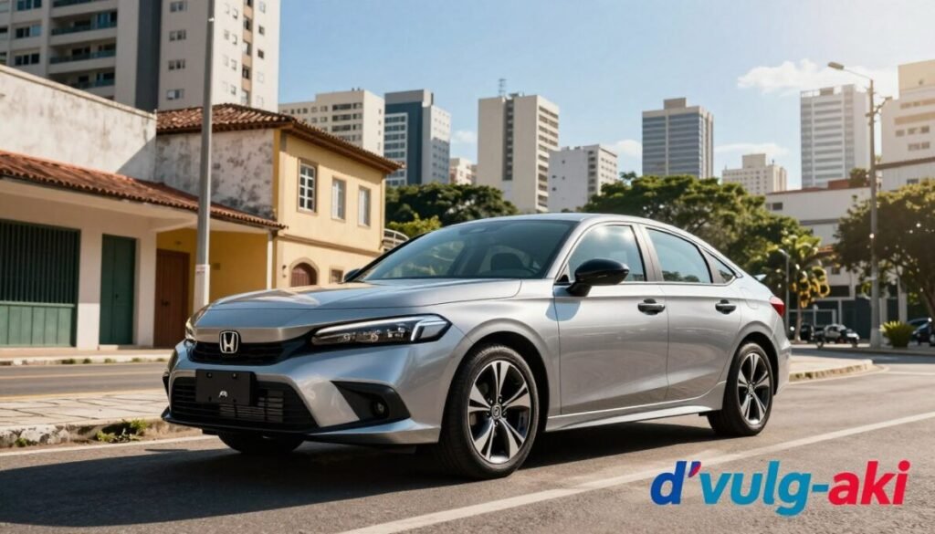 A striking image of the 2026 Honda Civic parked in an urban Brazilian setting, showcasing its sleek and modern design. The foreground features the polished body of the car with smooth curves and a futuristic grille, highlighted by soft reflections from the nearby buildings. In the middle, Brazilian architecture adds context, blending traditional elements with contemporary styles. The background reveals a vibrant city skyline under a clear blue sky, casting dynamic shadows across the scene. The image is well-lit, capturing the essence of daytime with bright, natural sunlight. A lens flare subtly adds depth. Conclude the composition with the colorful brand name "d'vulg-aki" positioned in the lower right corner. The overall mood is dynamic and optimistic, perfect for highlighting innovation in automotive design.