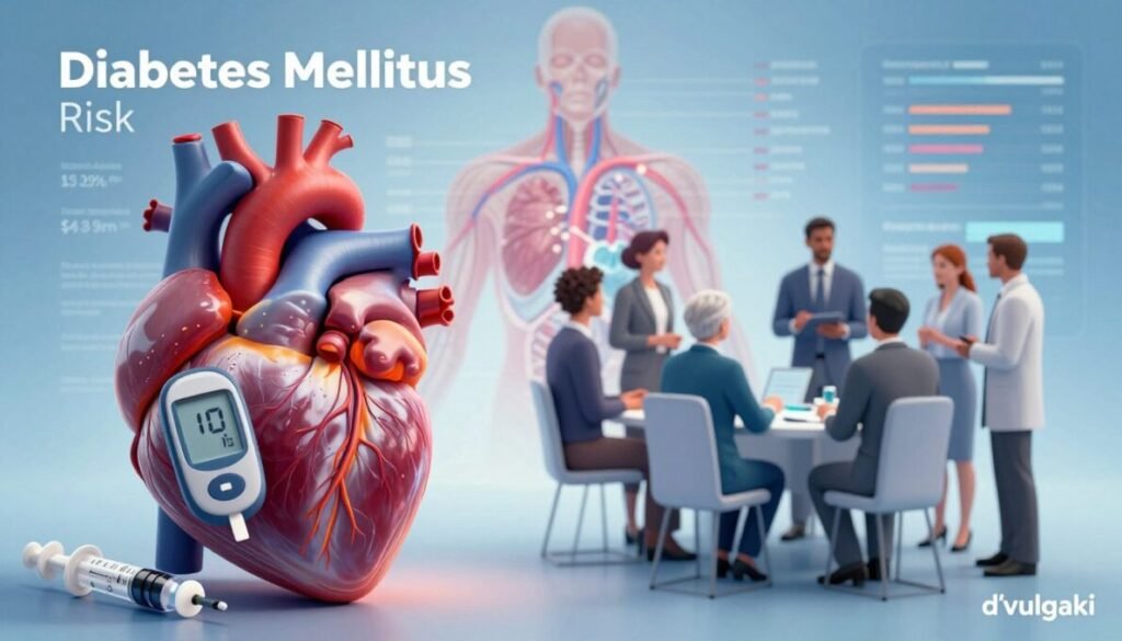 A striking medical illustration depicting the relationship between Diabetes Mellitus and Cardiovascular Risk. In the foreground, a close-up of a human heart intertwined with a glucose meter and insulin syringes, highlighting the impact of diabetes on heart health. In the middle ground, a diverse group of professionals in modest business attire engaging in discussions about diabetes management and heart disease prevention. In the background, a soft-focus diagram of the human circulatory system overlaid with data visualizations of glucose levels and heart statistics. The lighting should evoke a clinical yet hopeful atmosphere, using cool blue and warm orange tones to symbolize the balance between health and risk. Subtle texture and depth are added to create a dynamic composition, and the brand name "d'vulgaki" is discreetly placed in the lower right corner.