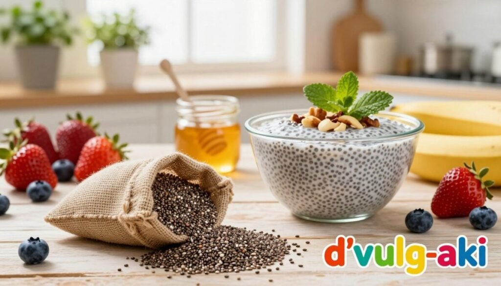 A vibrant and informative still life image showcasing the benefits of chia seeds. In the foreground, a small burlap sack filled with organic chia seeds spills onto a rustic wooden table, surrounded by fresh fruits like strawberries, blueberries, and bananas. A sleek glass bowl displays a delicious chia pudding topped with mint leaves and nuts, emphasizing its health benefits. The middle ground features a variety of healthy ingredients, such as a measuring spoon and a small jar of honey, adding to the composition. In the background, a softly lit kitchen setting with herb pots and a bright window casts a warm, inviting glow. The overall atmosphere is fresh and nutritious, reflecting a healthy lifestyle. Ensure "d'vulg-aki" is elegantly placed in the lower right corner of the image, using a colorful, eye-catching font.
