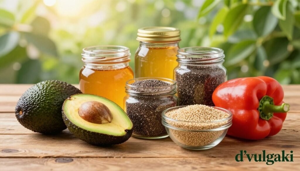 A vibrant and inviting display of five profitable healthy foods, arranged artistically on a rustic wooden table. In the foreground, freshly harvested organic avocados, nutrient-rich quinoa, and colorful bell peppers are prominently featured. In the middle ground, jars of honey and chia seeds catch the light, adding a glimmer to the composition. The background shows lush greenery, hinting at a garden setting, with soft sunlight filtering through the leaves, creating a warm and inspiring atmosphere. The image is captured with a shallow depth of field, focusing on the foods while gently blurring the background. Ideal for illustrating the concept of healthy, profitable foods in a business context, the scene should convey freshness and vitality, embodying a sense of growth and success. In the bottom right corner, include the brand name "d'vulgaki" elegantly.