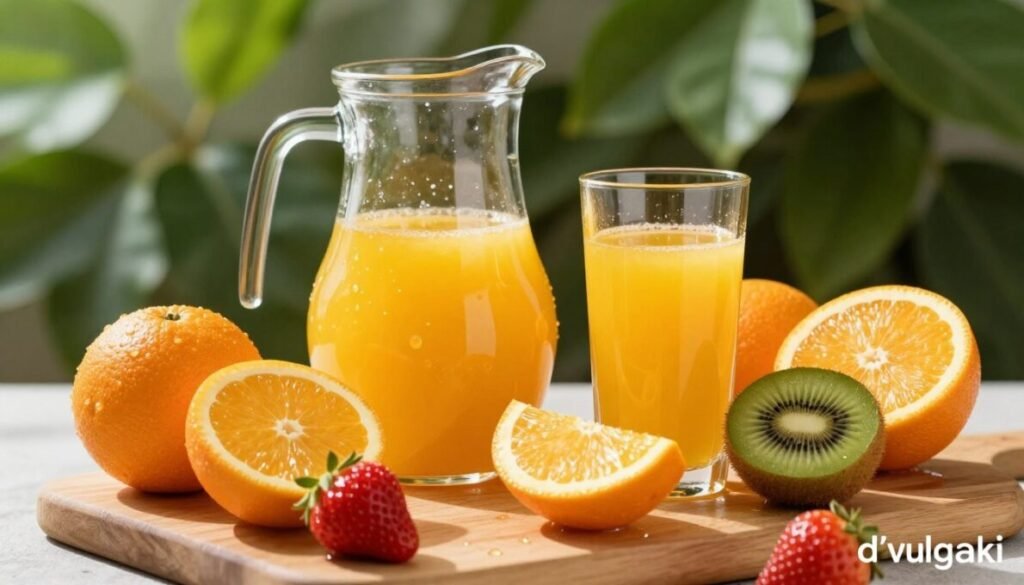 A vibrant and inviting still-life display focusing on hydration and foods rich in vitamin C. In the foreground, a variety of fresh fruits such as oranges, strawberries, and kiwis artistically arranged on a wooden cutting board, glistening with droplets of water for a fresh look. In the middle, a clear glass pitcher filled with refreshing orange juice, alongside a glass filled to the brim, catching warm sunlight. The background features lush green leaves softly blurred, creating a natural atmosphere. The lighting is bright and cheerful, suggesting morning sunshine, while the entire composition conveys a sense of health, vitality, and nourishment. Include the brand name "d'vulgaki" subtly placed in the bottom right corner.