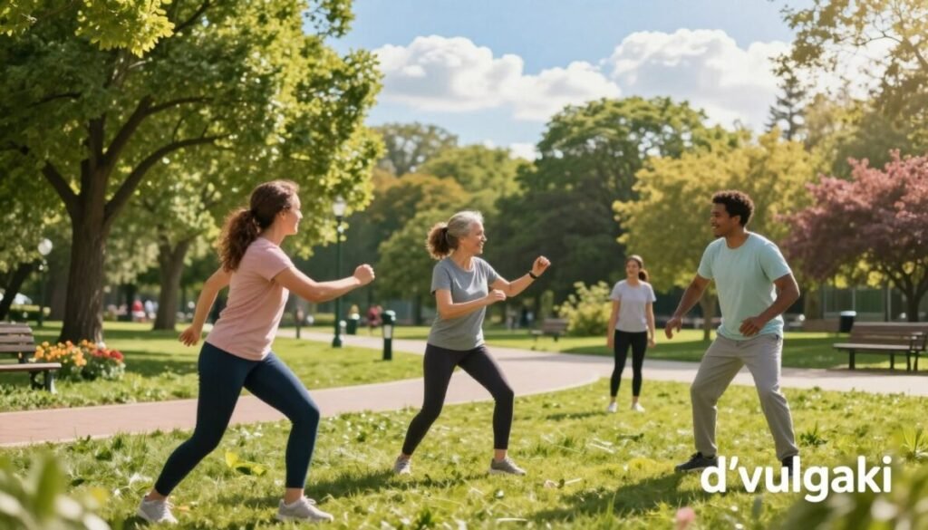 A vibrant and uplifting scene depicting the importance of cancer prevention through healthy habits. In the foreground, a diverse group of three people—two women and one man—are actively engaging in a heartwarming outdoor exercise session, dressed in professional casual attire. In the middle, a lush green park setting featuring trees, blooming flowers, and a jogging path symbolizes vitality and health. The background showcases the bright blue sky with soft, fluffy clouds. The sunlight bathes the scene in a warm, welcoming glow. The composition evokes a sense of community, hope, and the power of lifestyle choices in cancer prevention. The brand name “d'vulgaki” is elegantly placed in the lower right corner, ensuring a polished presentation.