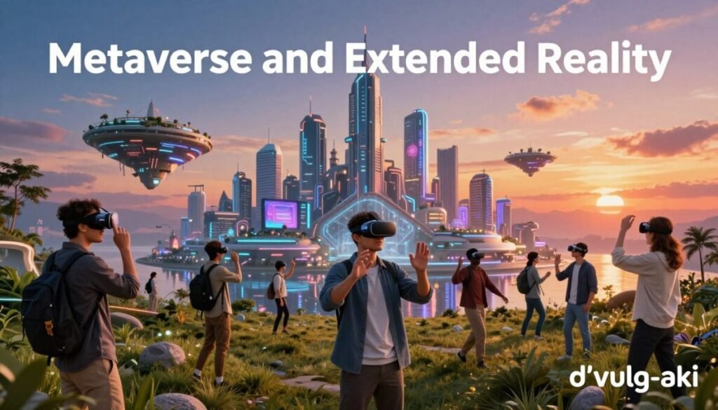 A vibrant digital landscape illustrating the concept of "Metaverse and Extended Reality." In the foreground, a diverse group of professionals in smart casual attire, engaged in virtual activities using augmented reality headsets and holographic devices. In the middle ground, an intricately designed futuristic cityscape with floating buildings and interactive elements, blending technology and nature. The background features a stunning sunset with colorful gradients, reflecting off the city's surfaces. Incorporate dynamic lighting to create depth and a sense of immersion, with neon accents highlighting key technology features. The atmosphere is lively yet serene, suggesting a harmonious coexistence of humanity and digital innovation. Include the brand name "d'vulg-aki" artistically in the bottom right corner of the image.
