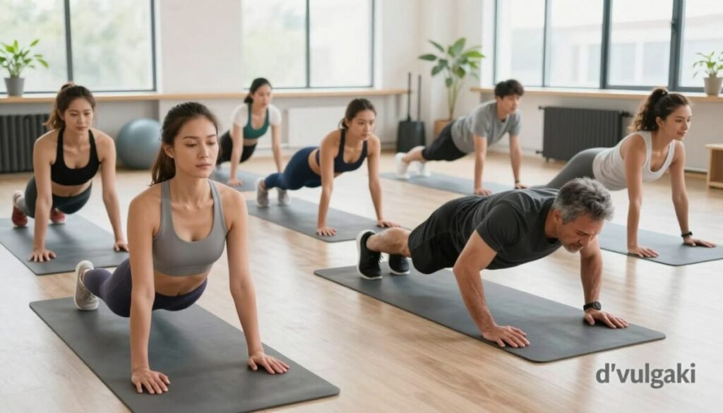 A vibrant indoor setting showcasing a diverse group of individuals engaged in various exercises to boost immunity and prevent flu. In the foreground, a woman in modest athletic wear performs yoga, reflecting calm and focus. A middle-aged man, also in fitness attire, does push-ups nearby, showcasing strength and energy. The mid-ground features a small group participating in a dynamic fitness class, demonstrating a sense of community and motivation. Bright, natural light filters through large windows, illuminating the space and enhancing the cheerful atmosphere. The background displays fitness equipment and plants, reinforcing a healthy lifestyle ambiance. The image should evoke a sense of purpose and wellness. Place "d'vulgaki" in the lower right corner.