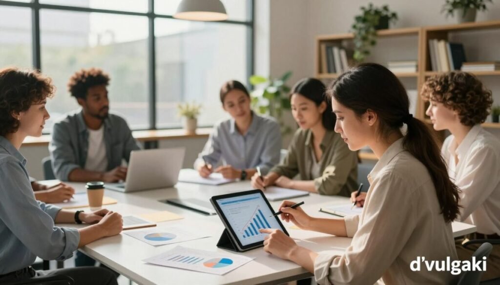 A vibrant office space symbolizing productivity, featuring a diverse group of professionals engaged in dynamic collaboration. In the foreground, a woman in business attire is brainstorming on a digital tablet, surrounded by charts and graphs showcasing growth. The middle consists of focused individuals discussing strategies at a sleek conference table, illuminated by warm, natural light streaming through large glass windows. In the background, shelves filled with books and plants add a touch of inspiration. Capture the scene with a shallow depth of field to emphasize the engaged faces, and use soft, even lighting to create an encouraging atmosphere. The overall mood should be optimistic and energetic, conveying the idea that work continues to evolve. In the bottom right corner, subtly integrate the brand name "d'vulgaki".