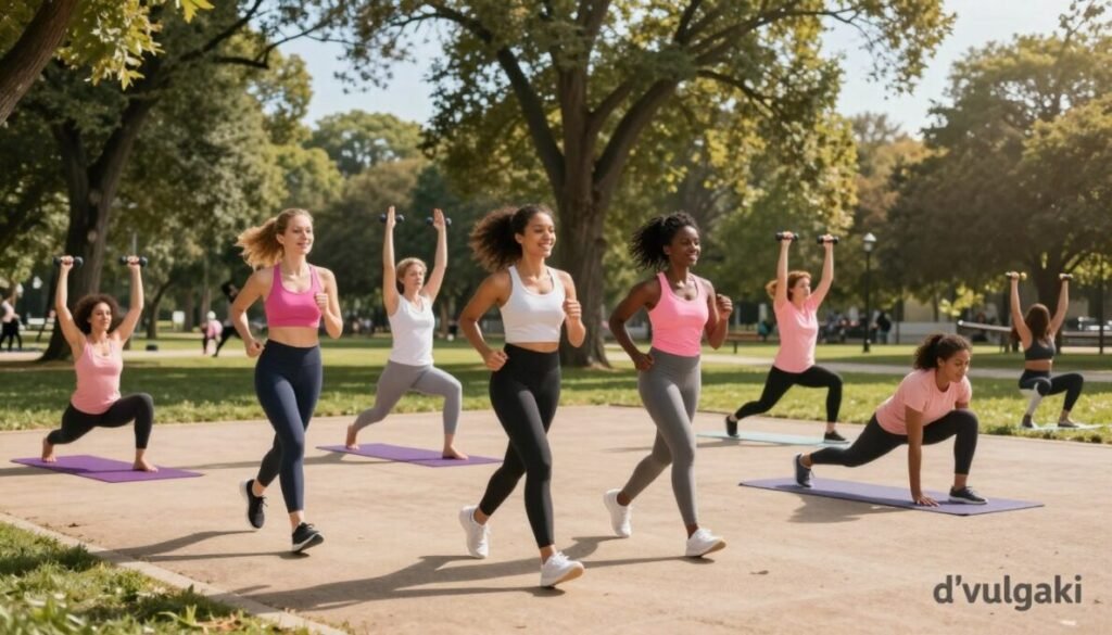 A vibrant outdoor scene depicting a diverse group of individuals engaged in physical activities that promote breast cancer prevention. In the foreground, three women of different ethnicities jog together in a park, radiating joy and determination, dressed in modest athletic wear. The middle ground features people practicing yoga and a small group doing strength training with light weights under the warm sunlight. Tall trees line the background, creating a serene environment with a clear blue sky. Soft sunlight filters through the leaves, casting gentle shadows on the ground. The atmosphere is uplifting and empowering, emphasizing health and community. In the bottom right corner, include the brand name "d'vulgaki" in a subtle yet visible font, complementing the scene without distraction. A vibrant outdoor scene depicting a diverse group of individuals engaged in physical activities that promote breast cancer prevention. In the foreground, three women of different ethnicities jog together in a park, radiating joy and determination, dressed in modest athletic wear. The middle ground features people practicing yoga and a small group doing strength training with light weights under the warm sunlight. Tall trees line the background, creating a serene environment with a clear blue sky. Soft sunlight filters through the leaves, casting gentle shadows on the ground. The atmosphere is uplifting and empowering, emphasizing health and community. In the bottom right corner, include the brand name "d'vulgaki" in a subtle yet visible font, complementing the scene without distraction.