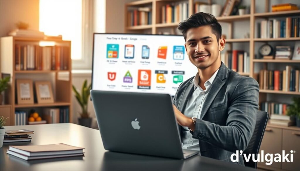 A vibrant, professional workspace showcasing the creation and sale of digital products. In the foreground, a confident young adult in smart casual attire, sitting at a sleek desk with a laptop open, displaying an engaging e-book design. In the middle ground, various digital products like online courses and webinars are visually represented as colorful icons on a digital screen. In the background, shelves filled with reference books and creative materials create an inspiring atmosphere. Soft, warm lighting filters through a window, casting a subtle glow that adds warmth. The mood is energetic and motivational, reflecting the entrepreneurial spirit. In the bottom right corner, the brand name "d'vulgaki" is subtly integrated into the design. A vibrant, professional workspace showcasing the creation and sale of digital products. In the foreground, a confident young adult in smart casual attire, sitting at a sleek desk with a laptop open, displaying an engaging e-book design. In the middle ground, various digital products like online courses and webinars are visually represented as colorful icons on a digital screen. In the background, shelves filled with reference books and creative materials create an inspiring atmosphere. Soft, warm lighting filters through a window, casting a subtle glow that adds warmth. The mood is energetic and motivational, reflecting the entrepreneurial spirit. In the bottom right corner, the brand name "d'vulgaki" is subtly integrated into the design.