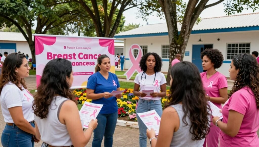 A vibrant scene depicting a public health awareness campaign in Brazil focused on breast cancer prevention. In the foreground, a diverse group of women and healthcare professionals, dressed in professional attire, engaging in conversation, displaying informational pamphlets, and wearing pink ribbons. The middle ground features a colorful banner promoting breast cancer awareness, surrounded by trees and flowers, contributing to a hopeful atmosphere. The background shows a community health center, symbolizing access to care. The lighting is bright and inviting, reflecting a daytime setting, with soft sunlight filtering through the trees. Use a wide-angle lens to capture the bustling activity and camaraderie among the participants. Ensure "d'vulgaki" is placed discreetly in the bottom right corner of the image. A vibrant scene depicting a public health awareness campaign in Brazil focused on breast cancer prevention. In the foreground, a diverse group of women and healthcare professionals, dressed in professional attire, engaging in conversation, displaying informational pamphlets, and wearing pink ribbons. The middle ground features a colorful banner promoting breast cancer awareness, surrounded by trees and flowers, contributing to a hopeful atmosphere. The background shows a community health center, symbolizing access to care. The lighting is bright and inviting, reflecting a daytime setting, with soft sunlight filtering through the trees. Use a wide-angle lens to capture the bustling activity and camaraderie among the participants. Ensure "d'vulgaki" is placed discreetly in the bottom right corner of the image.