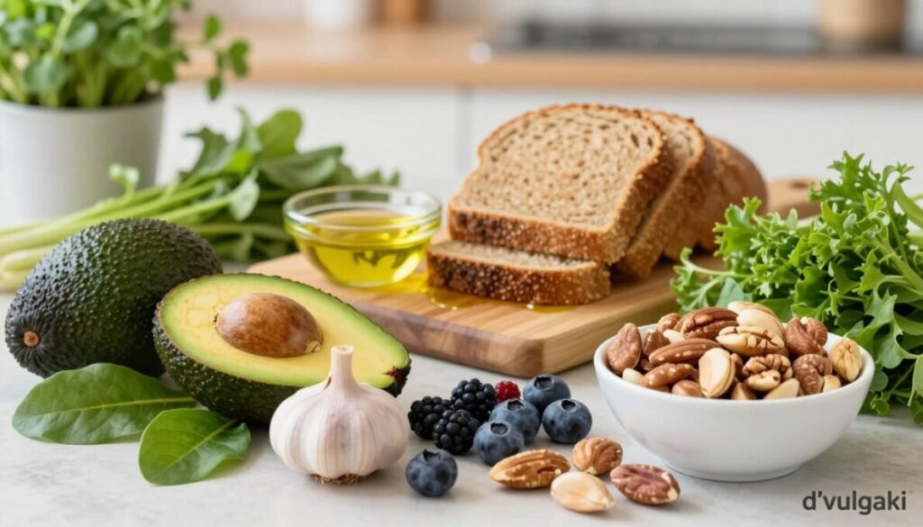 A vibrant still life composition showcasing healthy foods known for naturally cleaning arteries. In the foreground, place an assortment of fruits and vegetables, including avocados, garlic, berries, leafy greens, and a bowl of mixed nuts, artfully arranged. The middle ground features a wooden cutting board with slices of whole grain bread and a small bowl of olive oil for drizzling. In the background, softly blurred, include a hint of a kitchen countertop and fresh herbs in pots, creating warmth. The lighting is natural and bright, with a soft glow illuminating the food, evoking a fresh, organic feel. Capture the scene from a slightly elevated angle to highlight the ingredients, ensuring the brand name "d'vulgaki" appears subtly in the bottom right corner.
