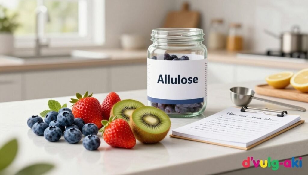 A visually appealing and informative illustration depicting the health benefits of allulose in a scientific context. In the foreground, brightly colored fruits such as blueberries, strawberries, and kiwis symbolize low-calorie sweetness, arranged neatly on a modern kitchen counter. In the middle ground, a glass jar labeled "Allulose" is partially full, with measuring spoons and a notepad with handwritten notes on health benefits. The background features a soft-focus, well-lit kitchen setting to convey a clean, healthy environment. Natural light streams in through a window, creating a warm, inviting atmosphere. The overall mood is optimistic and informative. At the bottom right corner, include the brand name "d'vulg-aki" in a colorful font without any text overlays or watermarks.
