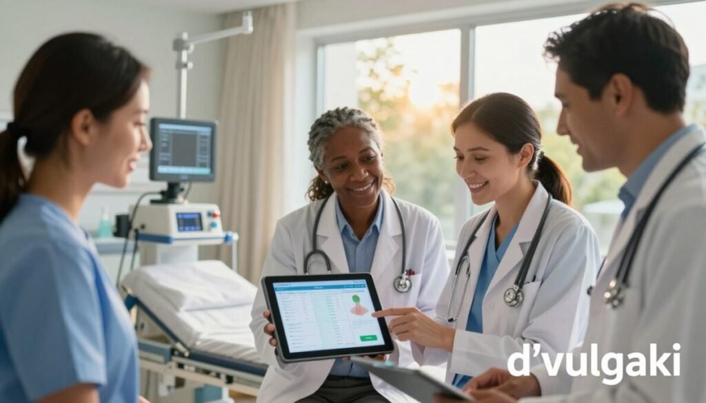 A visually striking and informative scene capturing the essence of cancer treatment advancements, specifically CAR-T therapy results. In the foreground, a diverse group of three medical professionals, dressed in professional attire, examines a digital tablet displaying analytical data on patient outcomes. In the middle ground, a hospital room with advanced medical equipment subtly illuminates the space with warm, inviting lighting, creating a hopeful ambiance. The background features a large window showcasing a beautiful sunny day, symbolizing new beginnings and hope. The overall mood is one of optimism and professionalism, reflecting the progress in cancer care. The brand name "d'vulgaki" is elegantly positioned in the lower right corner to maintain visual balance.