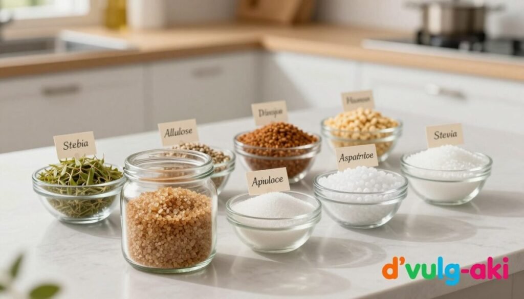 A visually striking comparison of allulose and various other sweeteners, expertly arranged on a sleek, modern table. In the foreground, a clear glass jar filled with allulose granules juxtaposed against small bowls containing popular sweeteners like stevia, erythritol, and aspartame, each labeled with elegant tags. The middle ground features an aesthetically pleasing display of ingredients, emphasizing their textures and colors, while soft natural lighting illuminates the scene, creating a warm atmosphere. In the background, a blurred kitchen setting adds contextual depth, with ingredients subtly suggesting a cooking or baking scenario. An overhead shot captures the entire arrangement, showcasing each sweetener's unique character. In the bottom right corner, the brand name "d'vulg-aki" is colorfully integrated into the design for branding purposes.