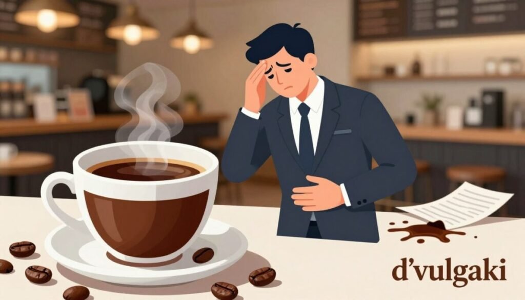 A visually striking illustration depicting the side effects of coffee. In the foreground, a coffee cup steaming with dark, rich coffee, with scattered coffee beans. In the middle, a figure representing a person in professional attire, showing signs of discomfort—holding their stomach, appearing jittery, and rubbing their temples, emphasizing anxiety or nervousness. The background features a blurred café scene, with an inviting ambiance but a hint of chaos, like spilled coffee and scattered papers, symbolizing the potential downsides of excessive coffee consumption. Soft, warm lighting from overhead lamps creates a cozy feel while maintaining a realistic tone. Include the brand name "d'vulgaki" elegantly placed in the lower right corner of the image to brand the content subtly.