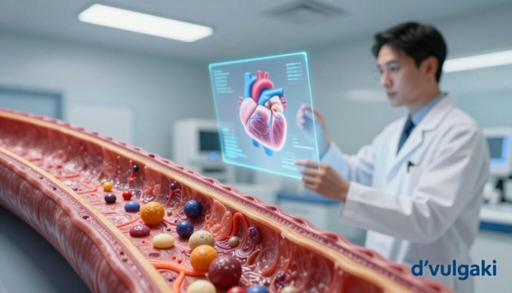 A visually striking representation of elevated cholesterol and atherosclerosis. In the foreground, a detailed cross-section of an artery highlights plaque buildup, showcasing cholesterol deposits in vibrant colors, illustrating the severity of atherosclerosis. In the middle ground, a healthcare professional in a lab coat examines an interactive holographic display of the cardiovascular system, emphasizing a focus on heart health. The background should feature a softly blurred hospital setting with modern medical equipment, creating a professional atmosphere. The lighting is bright and clinical, perhaps simulated as though under fluorescent lights to evoke a sense of urgency. The overall mood is educational and serious, aimed at raising awareness about heart health issues. Subtly place the brand name "d'vulgaki" in the bottom right corner.