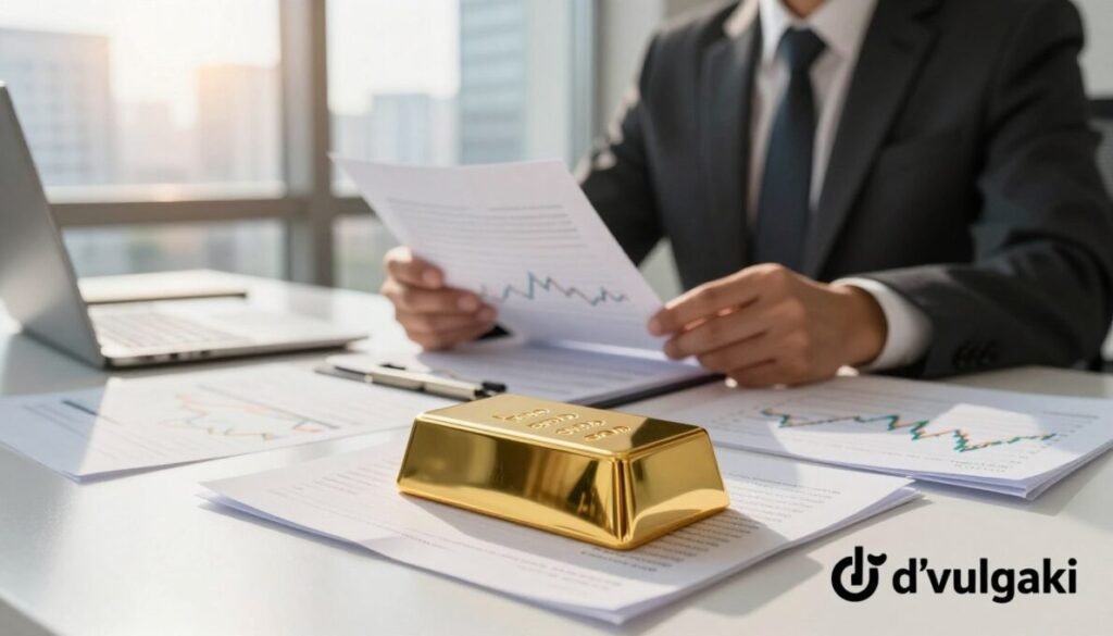 A visually striking scene depicting a diversified investment portfolio centered around gold, set in a professional business environment. In the foreground, a polished gold bar rests on a sleek, modern desk scattered with financial documents and graphs illustrating market trends. The middle ground features a confident businessperson in professional attire analyzing these documents, exuding an air of determination and focus. In the background, a large window reveals a sunlit cityscape, symbolizing opportunity and growth. Soft, warm lighting casts gentle reflections on the gold bar, enhancing its allure. The atmosphere is one of optimism and financial savvy. In the bottom right corner, the brand name "d'vulgaki" appears elegantly integrated into the image. Investir em Ouro com Pouco Dinheiro em 2026