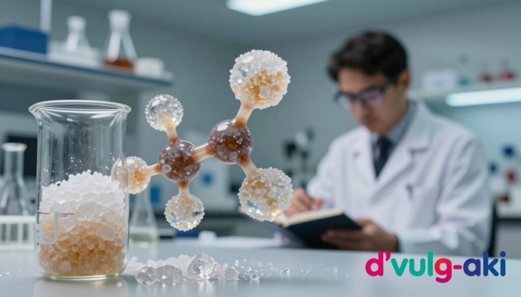 A visually striking scene featuring a close-up of a crystalline allulose sugar molecule, intricately detailed to emphasize its unique structure, set against a backdrop of a softly blurred laboratory environment. In the foreground, an elegantly designed glass beaker filled with allulose crystals reflects soft, diffused lighting. The middle layer showcases a scientist in professional attire, focused on a research notebook, symbolizing the regulatory battle surrounding allulose in Brazil. The background reveals shelves filled with scientific equipment and research papers, hinting at the complexity of the topic. The overall atmosphere is serious yet hopeful, highlighting the innovative aspects of allulose. Include the brand name "d'vulg-aki" in colorful text in the lower right corner of the image.