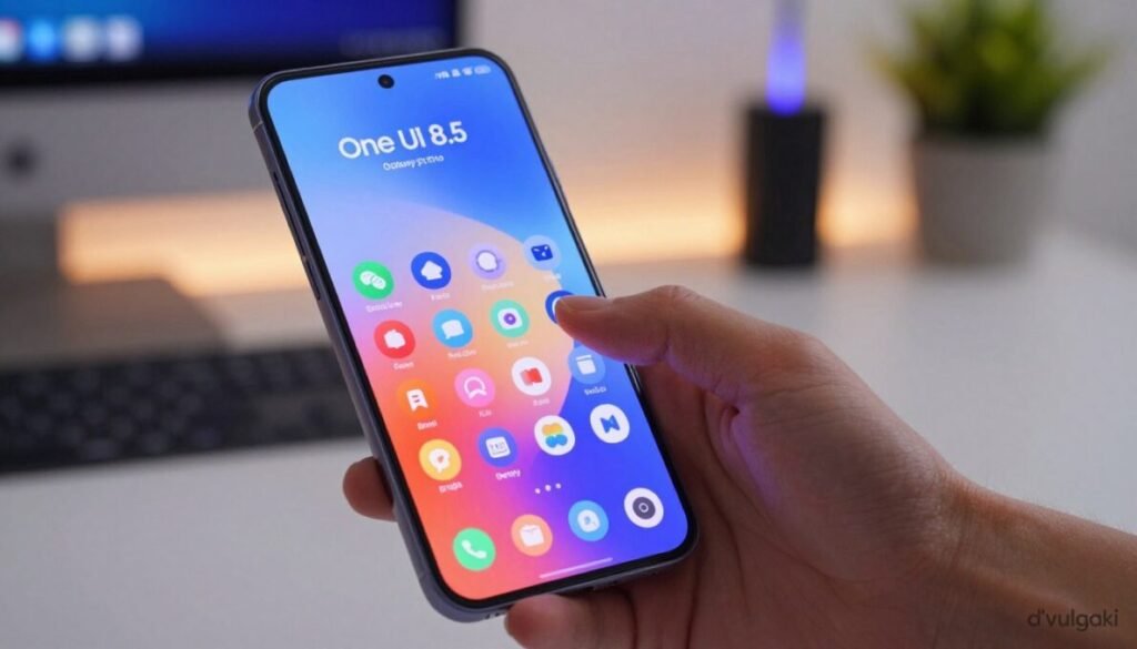 A vivid representation of the One UI 8.5 interface software displayed on a sleek Samsung Galaxy S26 smartphone. The foreground features the device prominently, showcasing the vibrant, fluid design of the One UI 8.5 with colorful app icons and a smooth navigation bar. In the middle ground, a blurred hand interacts with the screen, illustrating the intuitive gesture controls. The background hints at a modern workspace, softly lit, with elements like a stylish desk, a potted plant, and ambient lighting that creates a tech-savvy atmosphere. The image captures a sense of innovation and elegance, focusing on the software's seamless user experience. Ensure the brand name "d'vulgaki" appears discreetly in the lower right corner.