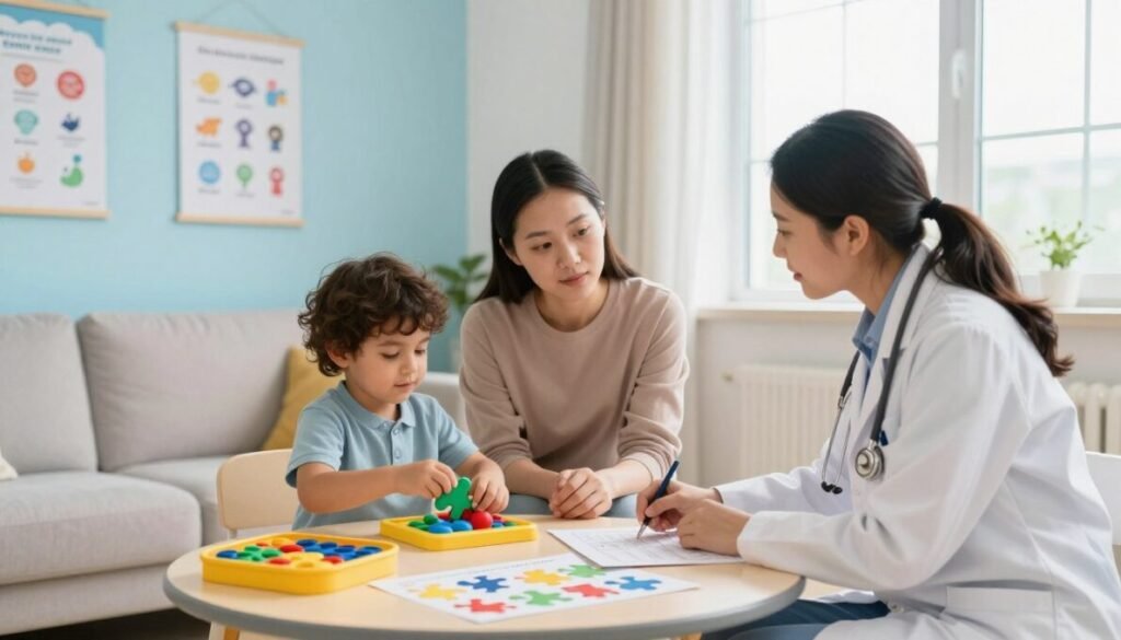 A warm and inviting consultation room focused on autism diagnosis. In the foreground, a round table holds colorful diagnostic tools like puzzles and charts, symbolizing assessment. A compassionate pediatrician, dressed in professional attire, attentively observes a child engaging with a sensory toy. In the middle ground, a supportive parent watches closely, showing an expression of hope and understanding. The background features calming blue and pastel wall decorations, with posters highlighting developmental milestones. Soft, natural lighting floods the room through a large window, creating an atmosphere of comfort and safety. The angle captures the interaction and connection among the subjects, emphasizing expertise and empathy. In the corner, place the brand name "d'vulgaki" subtly.