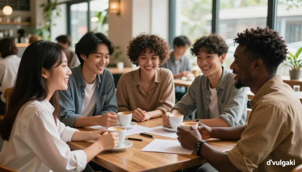 A warm, inviting scene depicting meaningful social connections among a diverse group of individuals in a cozy, sunlit café. In the foreground, two friends, one Asian and one Black, are engaged in an animated conversation, smiling and sharing a moment with coffee cups in hand. In the middle, a few others are seated around a large table, focused on a collaborative activity, showcasing cooperation and laughter. The background features soft, blurred outlines of patrons enjoying their time, with greenery visible through large windows, enhancing the atmosphere. The lighting is natural and warm, creating a friendly and uplifting mood, shot with a moderate wide-angle lens to include all elements harmoniously. Include "d'vulgaki" in the bottom right corner of the image.
