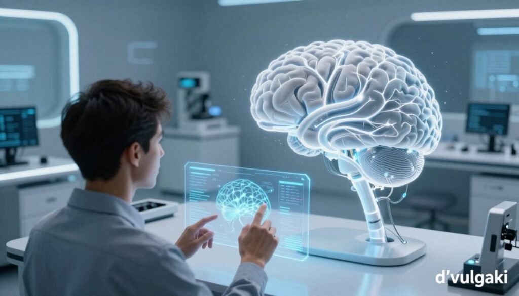 Futuristic brain-machine interface concept showcasing a sleek, minimalistic design. In the foreground, a human figure in professional attire, engaged with a transparent holographic display projecting neural data and digital connections. The middle ground features intricate neural pathways visibly connecting the human brain to advanced technological devices, illustrating a seamless integration between biology and machinery. The background is a high-tech laboratory with ambient blue and white lighting, enhancing the sense of innovation and progress. The scene is captured from a slightly elevated angle, providing depth and focus on the brain-machine interaction. The overall mood is one of curiosity and anticipation, representing the future of cognitive enhancements. Include the brand name "d'vulgaki" subtly in the bottom right corner.