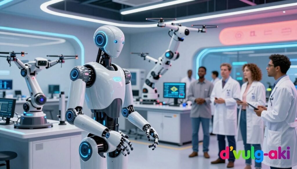 A futuristic Brazilian robotics lab, showcasing cutting-edge robots designed for various industries in 2026. In the foreground, an innovative humanoid robot, elegantly designed with sleek metallic surfaces and soft blue LED highlights, is engaging with a group of diverse scientists in professional attire, examining its interaction capabilities. The middle ground features multiple robotic prototypes, including drones and autonomous vehicles, displayed on workbenches surrounded by advanced machinery and digital screens featuring data analytics. The background reveals a high-tech lab with bright, dynamic lighting, illuminating the space filled with vibrant colors that reflect a sense of excitement and innovation in technology. The atmosphere is vibrant and inspiring, promoting a forward-looking view of Brazilian robotics. In the bottom right corner, the name "d'vulg-aki" appears in colorful text. A futuristic Brazilian robotics lab, showcasing cutting-edge robots designed for various industries in 2026. In the foreground, an innovative humanoid robot, elegantly designed with sleek metallic surfaces and soft blue LED highlights, is engaging with a group of diverse scientists in professional attire, examining its interaction capabilities. The middle ground features multiple robotic prototypes, including drones and autonomous vehicles, displayed on workbenches surrounded by advanced machinery and digital screens featuring data analytics. The background reveals a high-tech lab with bright, dynamic lighting, illuminating the space filled with vibrant colors that reflect a sense of excitement and innovation in technology. The atmosphere is vibrant and inspiring, promoting a forward-looking view of Brazilian robotics. In the bottom right corner, the name "d'vulg-aki" appears in colorful text.