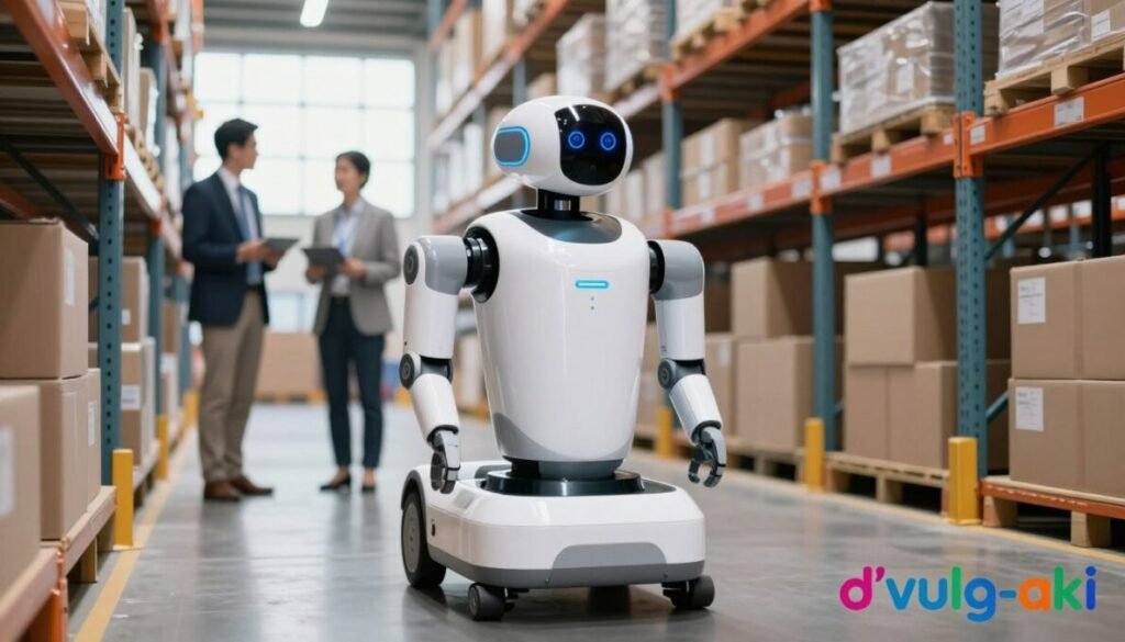 A futuristic autonomous robot designed for logistics and e-commerce, prominently positioned in the foreground, showcasing advanced sensors and a sleek, modern design. The robot is moving efficiently along a high-tech warehouse aisle filled with organized shelves and packages. In the middle ground, workers in professional business attire observe the robot, emphasizing a collaborative atmosphere in a cutting-edge work environment. The background features large windows with natural light flooding the space, creating a vibrant and dynamic mood. Focus on clean lines and sharp details, with a slight depth of field to draw attention to the robot. Capture an optimistic and innovative feel, highlighting the future of robotics in logistics. Include the brand name "d'vulg-aki" in colorful text at the bottom right corner. A futuristic autonomous robot designed for logistics and e-commerce, prominently positioned in the foreground, showcasing advanced sensors and a sleek, modern design. The robot is moving efficiently along a high-tech warehouse aisle filled with organized shelves and packages. In the middle ground, workers in professional business attire observe the robot, emphasizing a collaborative atmosphere in a cutting-edge work environment. The background features large windows with natural light flooding the space, creating a vibrant and dynamic mood. Focus on clean lines and sharp details, with a slight depth of field to draw attention to the robot. Capture an optimistic and innovative feel, highlighting the future of robotics in logistics. Include the brand name "d'vulg-aki" in colorful text at the bottom right corner.