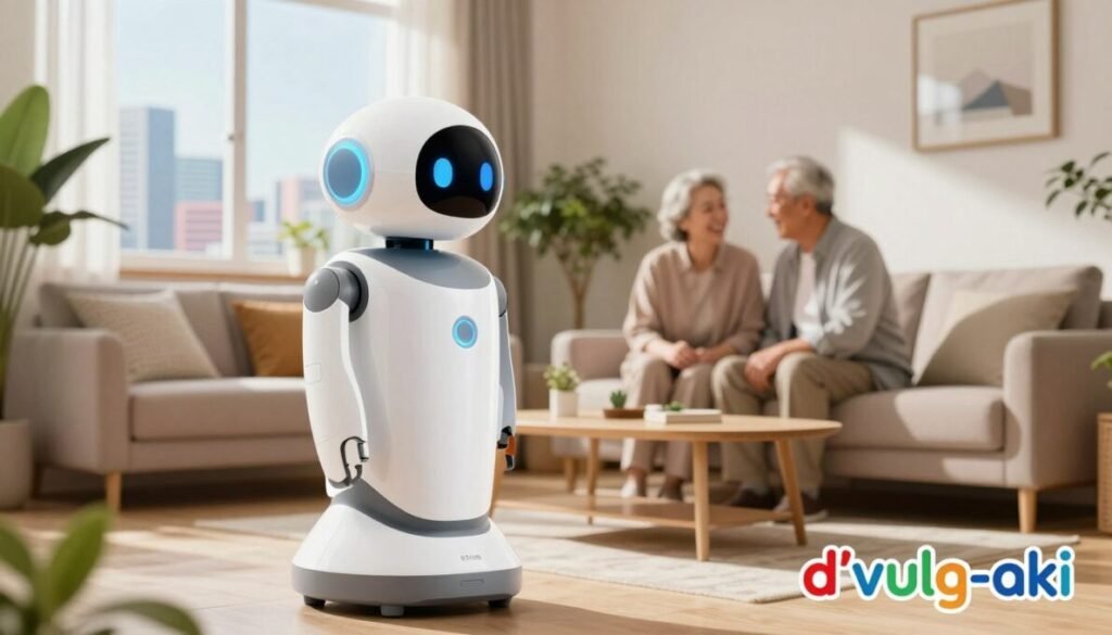 A futuristic service robot, designed for social assistance, stands in the foreground, showcasing a sleek and modern appearance with smooth, rounded edges and integrated technology. The robot is interacting with an elderly person in a cozy home environment, illustrating their partnership. In the middle ground, a warm, inviting living room is filled with natural light streaming through large windows, featuring comfortable furniture and plants, contributing to a sense of care and comfort. The background offers a glimpse of a vibrant cityscape through the window, emphasizing advanced technology and innovation. The overall mood is uplifting, with soft lighting and a friendly atmosphere. The image is captured with a slightly low angle to accentuate the robot's friendly demeanor. In the bottom right corner, the brand name "d'vulg-aki" is clearly displayed in colorful lettering. A futuristic service robot, designed for social assistance, stands in the foreground, showcasing a sleek and modern appearance with smooth, rounded edges and integrated technology. The robot is interacting with an elderly person in a cozy home environment, illustrating their partnership. In the middle ground, a warm, inviting living room is filled with natural light streaming through large windows, featuring comfortable furniture and plants, contributing to a sense of care and comfort. The background offers a glimpse of a vibrant cityscape through the window, emphasizing advanced technology and innovation. The overall mood is uplifting, with soft lighting and a friendly atmosphere. The image is captured with a slightly low angle to accentuate the robot's friendly demeanor. In the bottom right corner, the brand name "d'vulg-aki" is clearly displayed in colorful lettering.