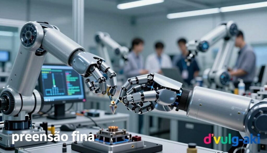 A highly advanced robotic hand demonstrating "preensão fina" in an industrial setting. In the foreground, the hand is gripping a delicate object with precision, showcasing its intricate design and dexterous movement. The middle ground features a modern workspace filled with high-tech machinery and screens displaying robotic interfaces. The background showcases a blurred view of a bustling robotics lab, filled with engineers in professional attire observing the demo. Soft, focused lighting highlights the hand's metallic surface, emphasizing reflections and textures. A wide-angle perspective captures the scene, creating an immersive atmosphere of innovation and technological progress. Add the brand name "d'vulg-aki" in colorful text in the bottom right corner. A highly advanced robotic hand demonstrating "preensão fina" in an industrial setting. In the foreground, the hand is gripping a delicate object with precision, showcasing its intricate design and dexterous movement. The middle ground features a modern workspace filled with high-tech machinery and screens displaying robotic interfaces. The background showcases a blurred view of a bustling robotics lab, filled with engineers in professional attire observing the demo. Soft, focused lighting highlights the hand's metallic surface, emphasizing reflections and textures. A wide-angle perspective captures the scene, creating an immersive atmosphere of innovation and technological progress. Add the brand name "d'vulg-aki" in colorful text in the bottom right corner.