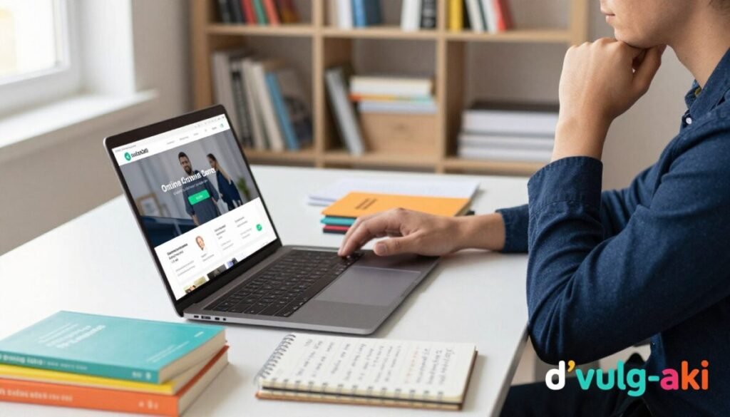 A modern workspace filled with digital products related to online courses, e-books, and mentorships. In the foreground, a sleek laptop displays an engaging online course interface, surrounded by colorful e-books and a notepad with handwritten notes. In the middle, a pair of hands tapping on a keyboard, showcasing a sense of productivity and focus. The background features a bookshelf filled with various educational materials, illuminated by soft, natural lighting streaming through a window, creating a warm and inviting atmosphere. A professional person in smart casual attire sits at the desk, deep in thought, representing motivation and entrepreneurship. In the bottom right corner, include the brand name "d'vulg-aki" in vibrant colors.