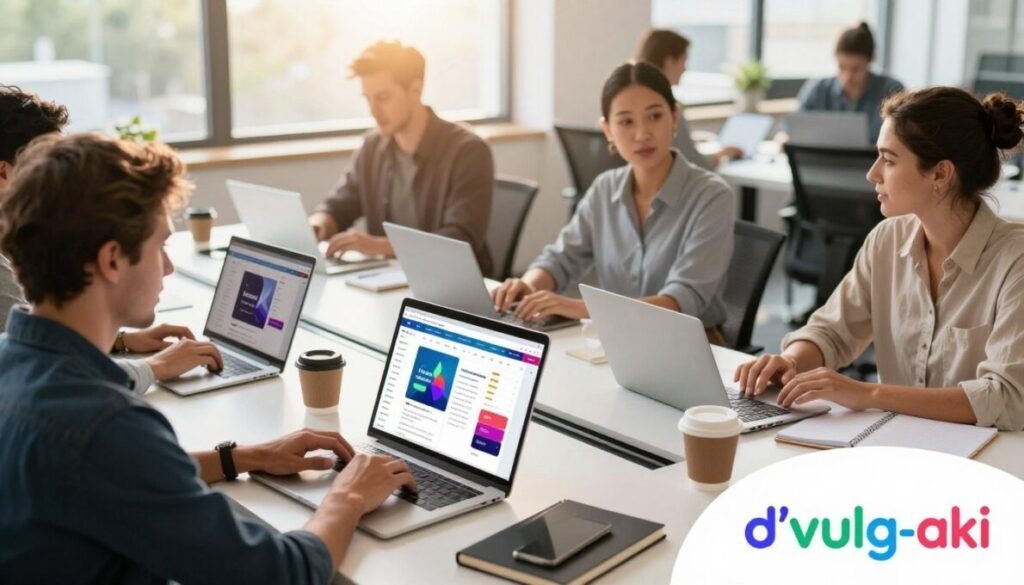 A vibrant and engaging scene depicting various freelancer platforms in a modern office space. In the foreground, a diverse group of professionals, men and women, are collaboratively working on laptops, dressed in smart casual attire. They are engaged in discussion, with digital screens displaying colorful graphics of online freelance platforms. The middle ground features a sleek desk with design tools, notebooks, and coffee cups, creating an inviting environment. In the background, large windows allow natural sunlight to flood in, illuminating the space and creating a warm atmosphere. The overall mood is dynamic and inspiring, showcasing the future of remote work. The brand name "d'vulg-aki" is displayed in colorful text in the bottom right corner of the image.