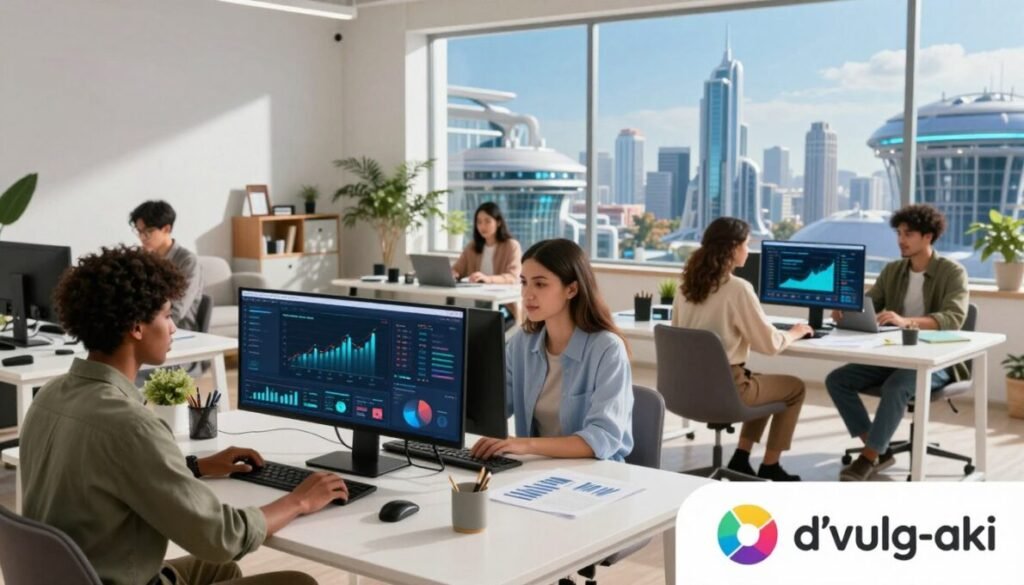 A vibrant futuristic workspace in 2026 showcasing online jobs. In the foreground, a diverse group of young professionals, dressed in smart casual attire, collaborate at a sleek digital screen displaying data and charts. In the middle ground, a stylish home office with modern furnishings, laptops open, and digital tools scattered around, radiating a high-tech atmosphere. The background features a large window offering a view of a futuristic cityscape under a clear blue sky, hinting at economic growth and innovation. Soft, natural light illuminates the scene, highlighting the positivity and creativity of remote work. The mood is inspiring and productive. At the bottom right corner, a colorful logo reads "d'vulg-aki".