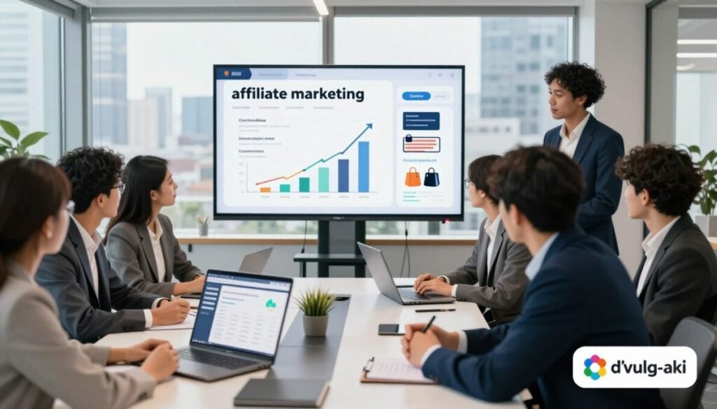 A vibrant, professional workspace showcasing "affiliate marketing" concepts. In the foreground, a diverse group of individuals in smart business attire is gathered around a sleek conference table, brainstorming ideas. One person is pointing to a laptop displaying an affiliate marketing dashboard. In the middle ground, a large screen displays visuals of various online shops and commissions graphically represented, illustrating growth and success. The background features a modern office environment with large windows offering a panoramic view of a bustling cityscape, bright natural light spilling in. The overall mood is energetic and collaborative, emphasizing innovation in the affiliate marketing sector. A small, colorful logo of "d'vulg-aki" placed in the lower right corner completes the scene.