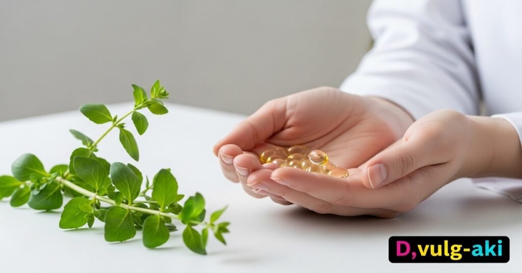 Mãos segurando cápsulas de Bacopa Monnieri ao lado de planta aquática fresca — suplemento natural para memória e cognição.