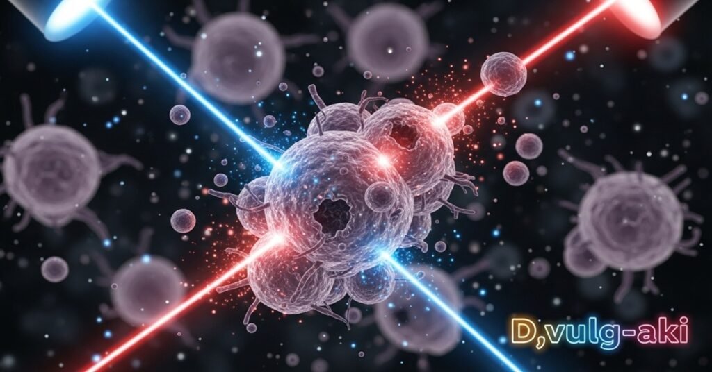  Representação visual do mecanismo de ação da radioterapia sobre células cancerígenas.