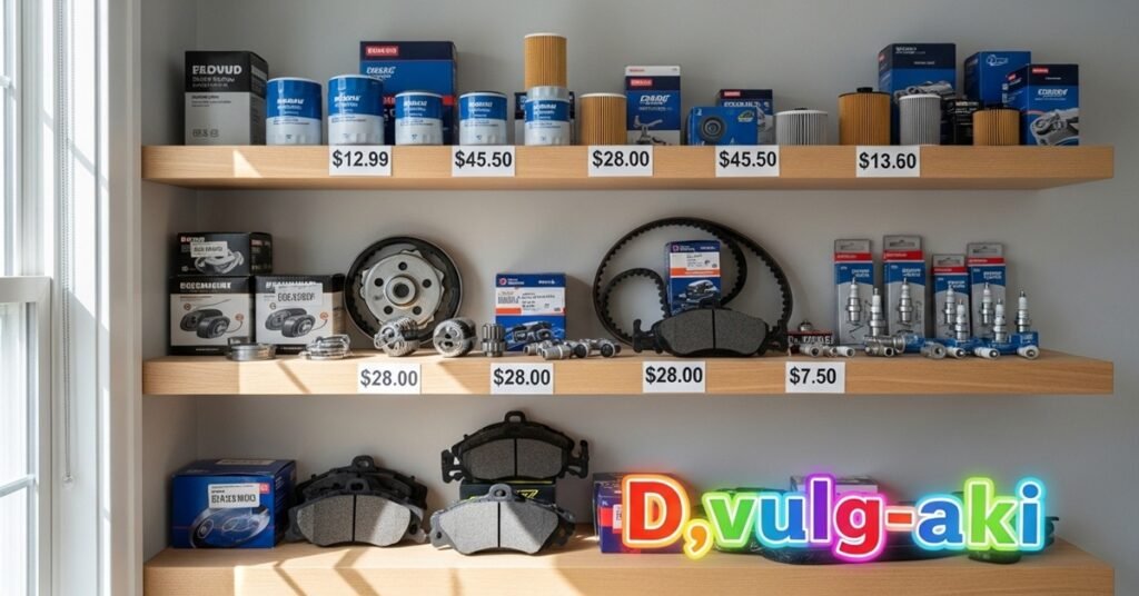 Prateleiras domésticas com estoque organizado de peças automotivas para revenda — filtros, correias e pastilhas identificadas com etiquetas de preço.