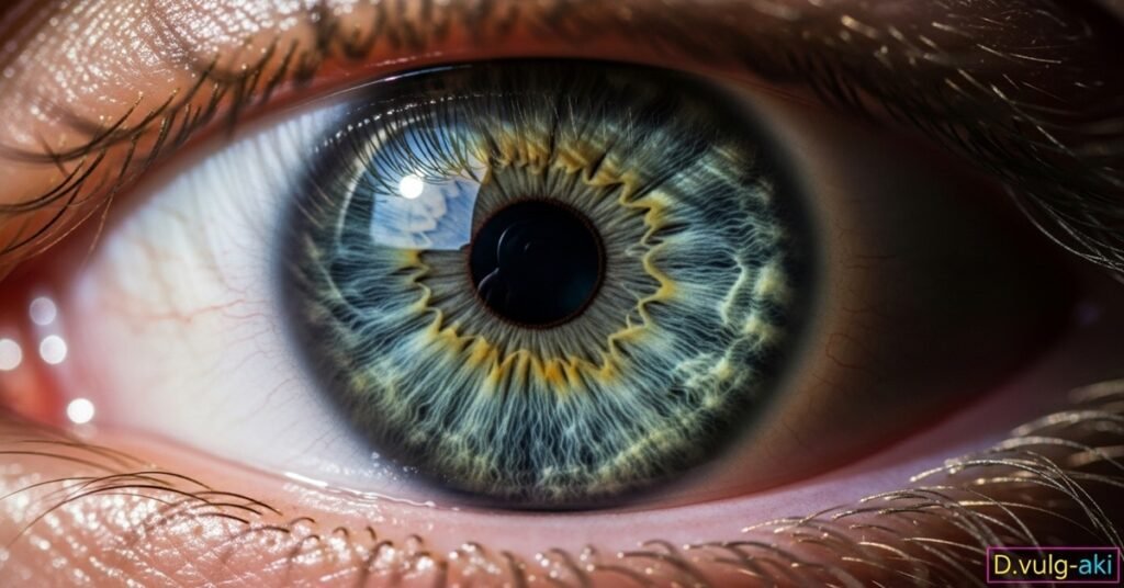 Close-up de olho humano saudável representando os benefícios das vitaminas para a visão.
