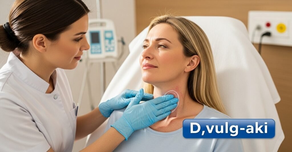 Paciente recebendo cuidados dermatológicos durante tratamento de radioterapia na região do pescoço.