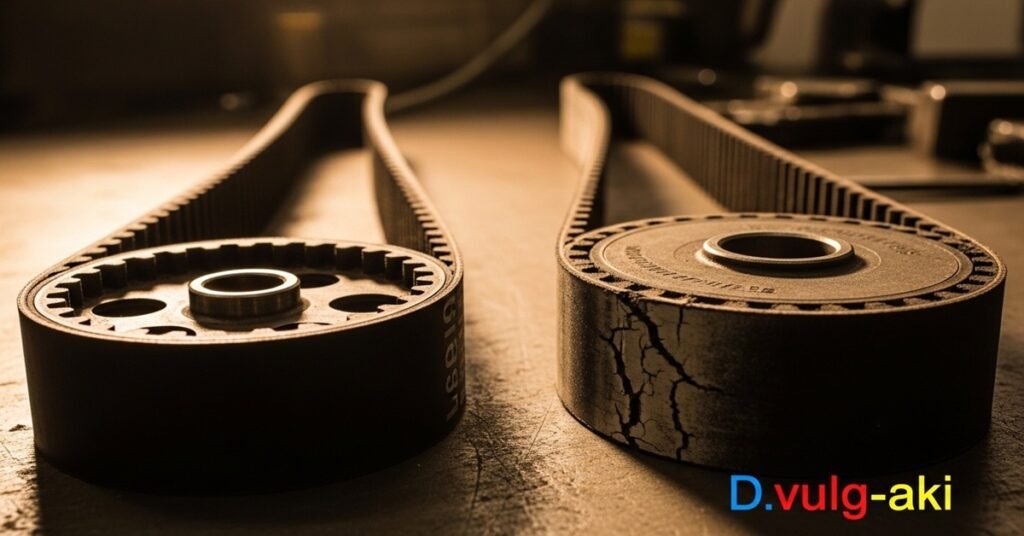 Comparação entre correia dentada nova e usada, evidenciando o risco de não realizar a troca no momento correto da revisão.