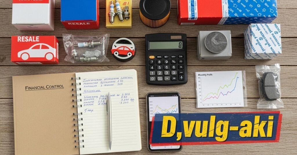 Vista superior com peças automotivas embaladas, caderno de controle de estoque e celular com gráfico de lucros, ilustrando a gestão financeira da revenda