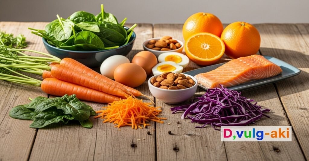 Alimentos ricos em vitaminas para a visão dispostos sobre mesa, incluindo cenoura, espinafre, ovos e salmão.