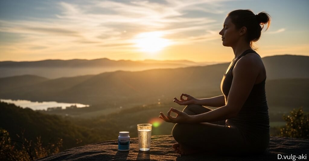Pessoa meditando com suplemento ao lado simbolizando suplementação contínua e bem-estar.