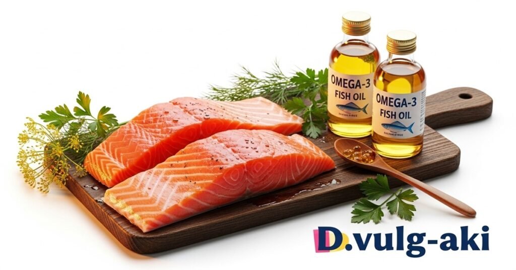 Filetes de salmão e frascos de ômega-3 sobre tábua de madeira — fontes de DHA para saúde cerebral e melhora da memória.