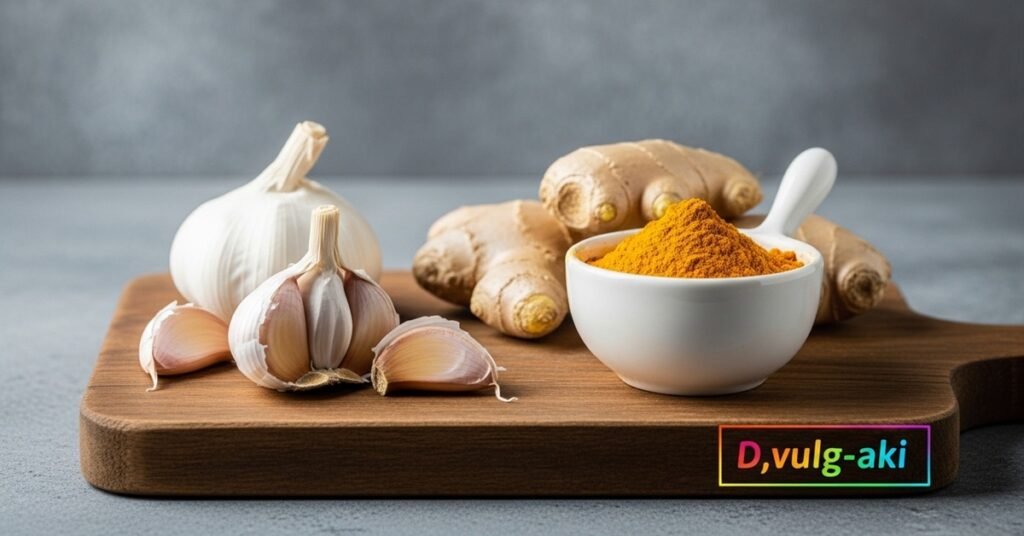 Alho, gengibre e cúrcuma, poderosos alimentos para má circulação com propriedades anti-inflamatórias e vasodilatadoras comprovadas.