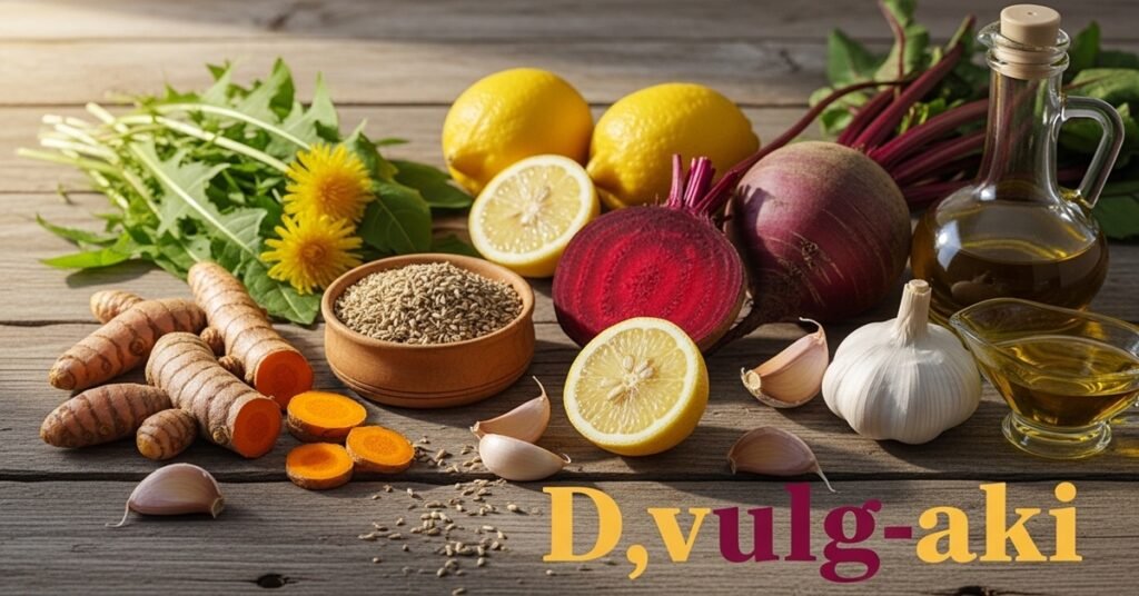 Alimentos naturais hepatoprotetores que ajudam a limpar o fígado em 10 dias, incluindo cúrcuma, alho e limão.