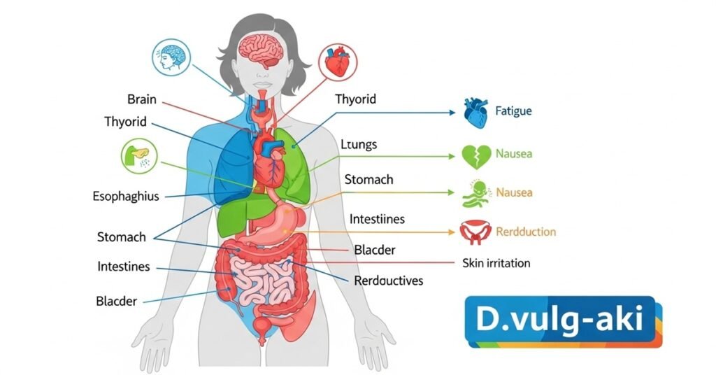  Mapa corporal com os principais efeitos colaterais da radioterapia por região anatômica.