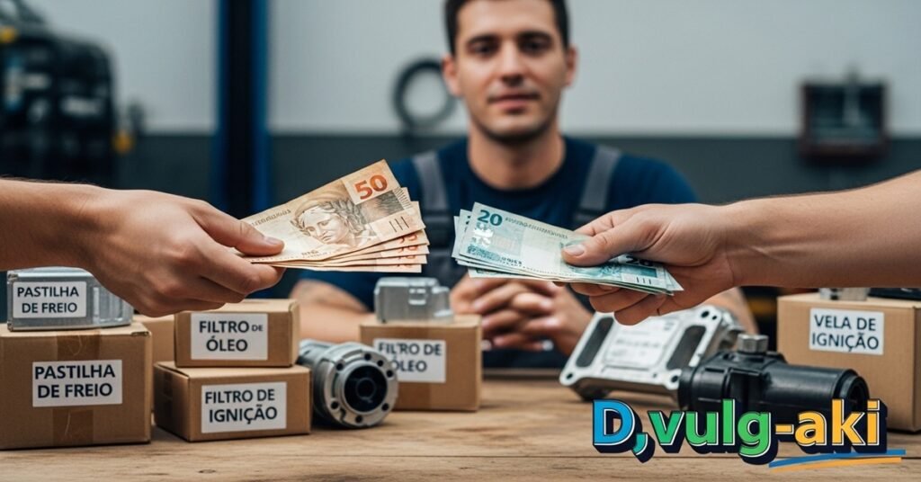 Mãos realizando transação com notas de reais diante de caixas de autopeças, representando o momento de venda na revenda de peças automotivas.