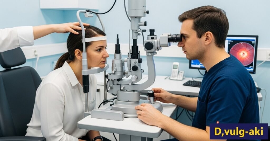 Oftalmologista examinando olho de paciente para verificar saúde ocular e necessidade de suplementação de vitaminas.