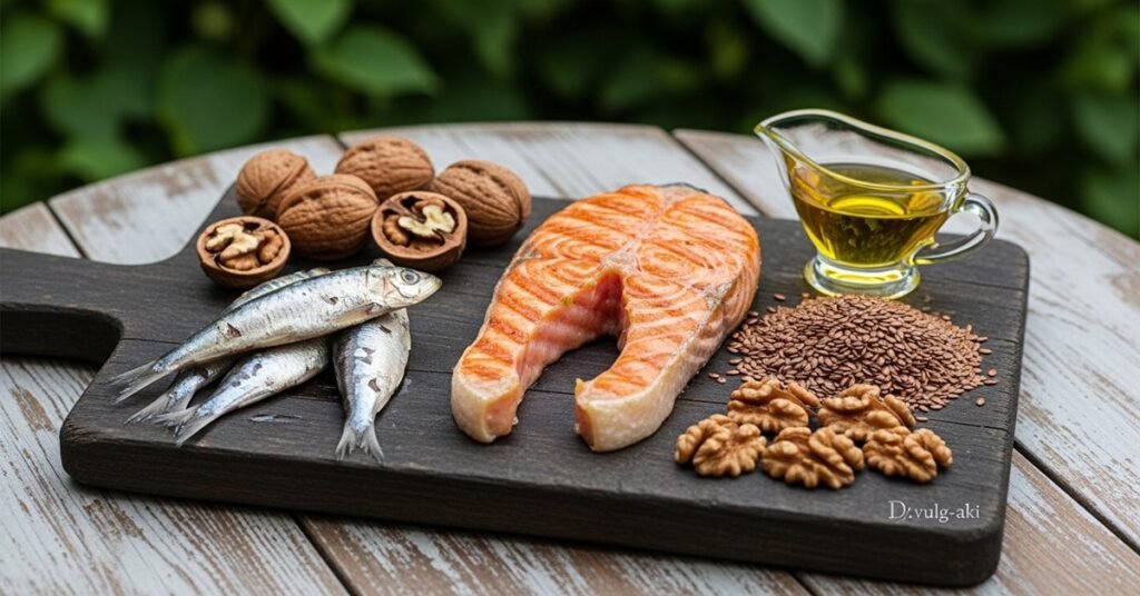 Alimentos ricos em ômega-3 ao lado de cápsulas do suplemento, ideal para uso prolongado.