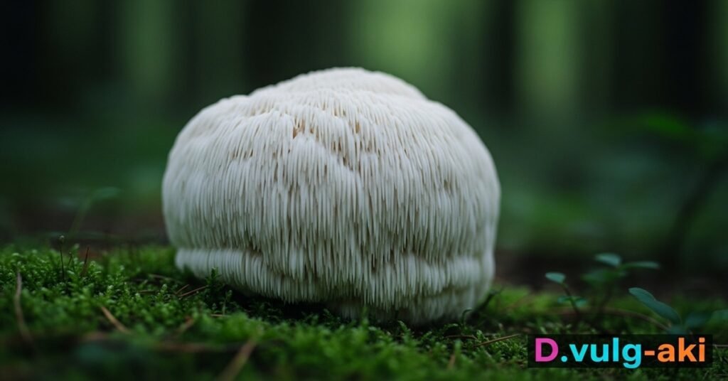 Cogumelo Lion's Mane branco sobre musgo em floresta — fungo nootrópico que estimula a neurogênese e melhora a memória.